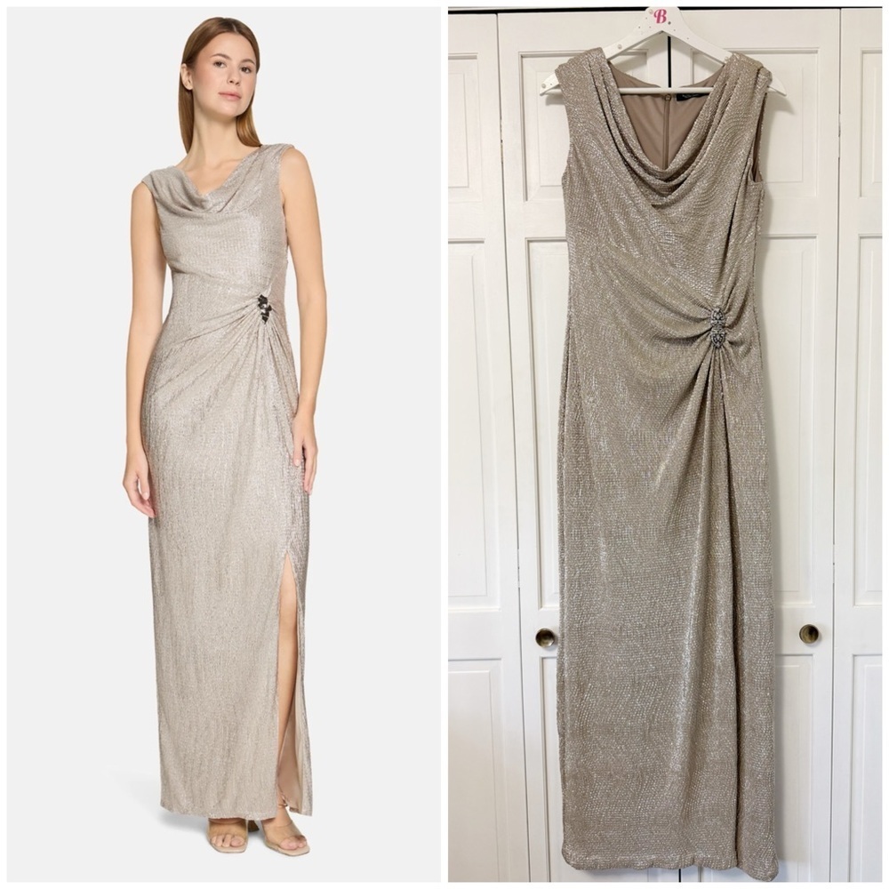 Lauren Ralph Lauren Metallic Gold Cowl Neck Maxi Dress Formal Size 10